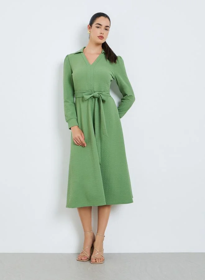 Styli Women Green Waist Tie A-Line Midi Dress